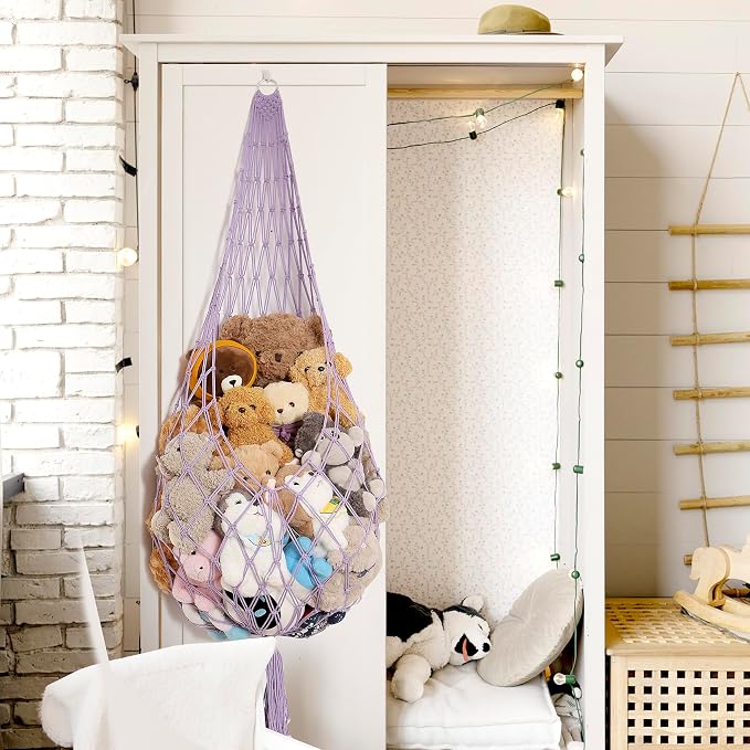 Amdermi Upgrade Stuffed Animal Hammock Corner or Wall Hanging Net for Stuffy Animal Storage Macrame Toy Display Over Door Toy Holder Kid Bedroom Decor Playroom Organizer (Purple)