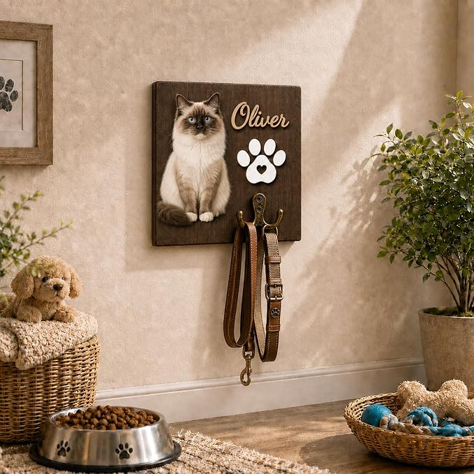 Personalized Dog Key Hook for Wall Mount with Custom Portrait & Name, Paw Print Wooden Wall Organizer, Pet Collar and Harness Holder, Key and Leash Rack for Entryway, Home Decor for Pet Lovers