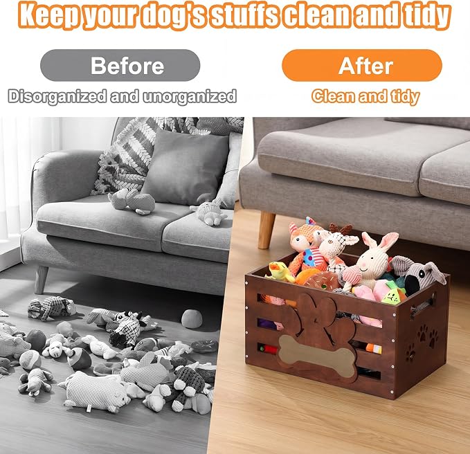 Cinnvoice Large Dog Toy Basket Wood Dog Toy Bin Storage Box with Handles and Label Position Design Large Organizer with Paw Pattern Print for Pets Toys Food Blankets Clothes 18"x12"x10" (Dark Brown)