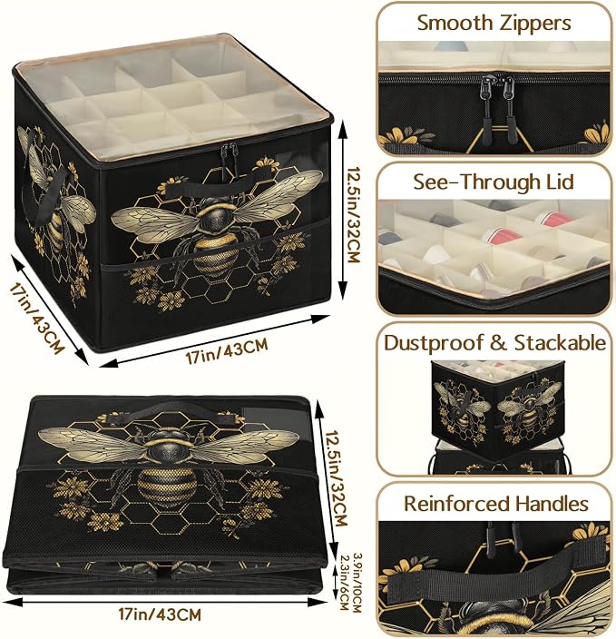 TropicalLife Bee Honeycomb Shoe Organizer for Closet | Vintage Golden Flower Foldable Shoe Storage Organizer Box Bin with Adjustable Dividers & Clear Cover, Fits up to 16-32 Pairs