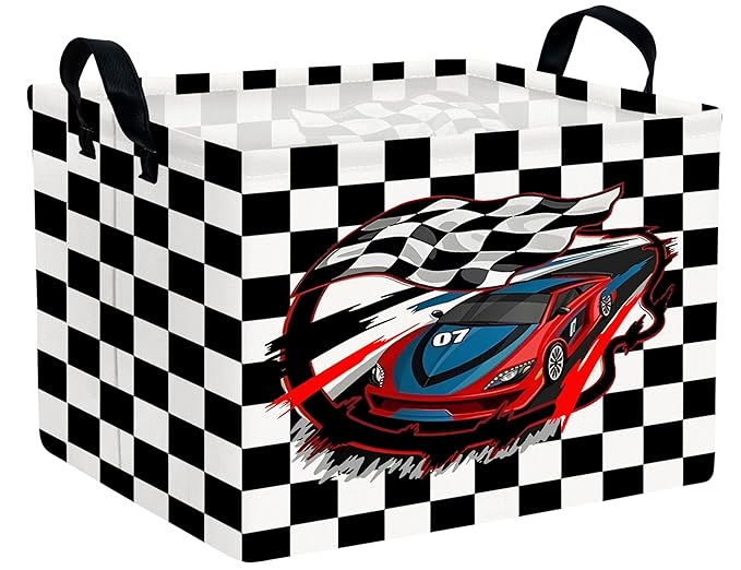 Large Boys Checkered Basket Canvas Kids Toy Storage Bin Nursery Baby Organizing Decor (Check Racing Car)