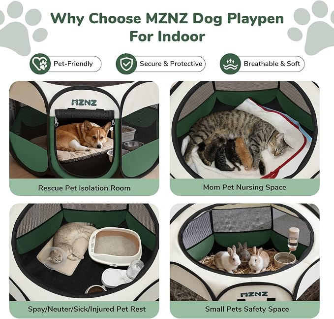 Dog Cat Small Animal Puppy Playpen Crate, Medium, Dark Green | Portable Pop Up Pet Cage Enclosure Tent Kennel Indoor Outdoor with Carrying Case, No Assembly, Camping Use