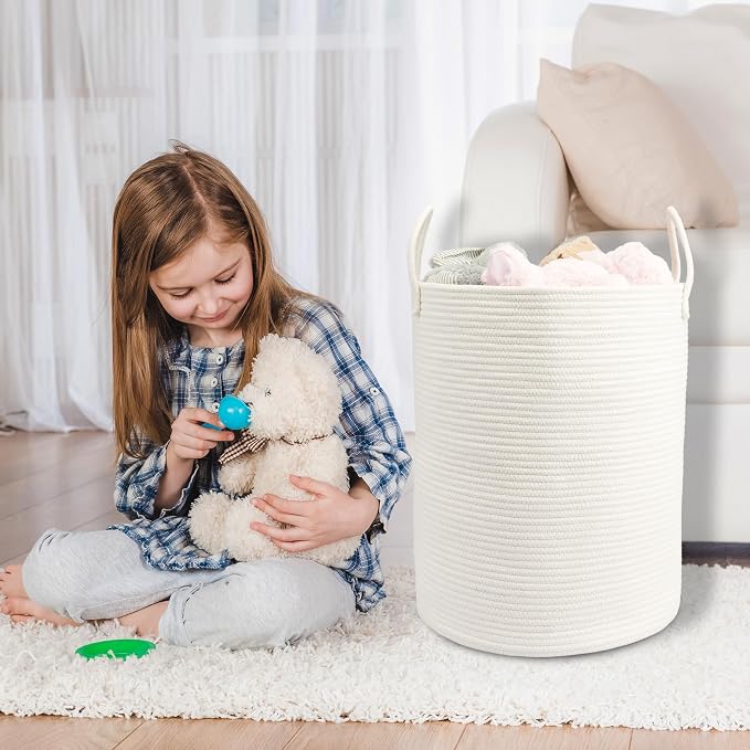 Woven Cotton Rope Laundry Basket, 15" x 20" Laundry Hamper, White | Rope storage basket for dirty clothes, toys and blankets. Perfect for bathroom, baby nursery and living room storage.