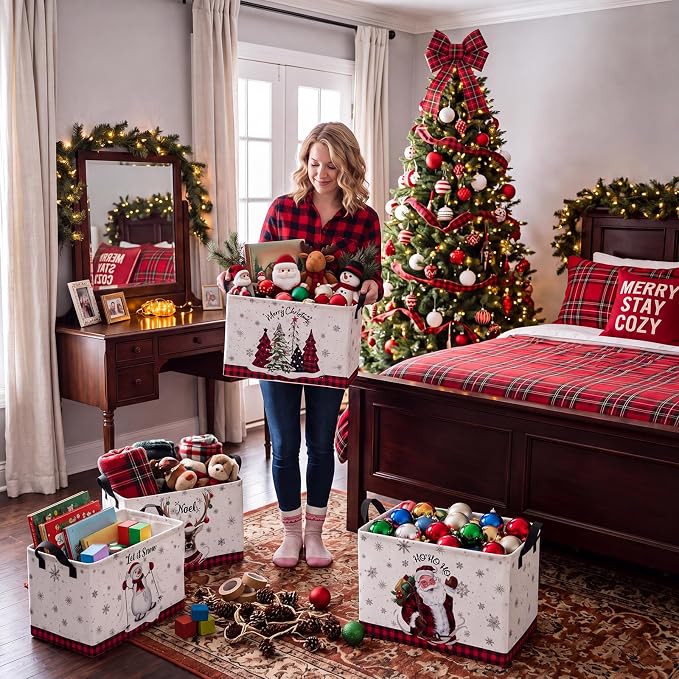 4 Pcs Christmas Storage Basket for Gifts Empty Large Christmas Themed Storage Bins with Handles 15 x 10 x 8 Fabric Laundry Baskets Xmas Collapsible Organizer Boxes for Home Cloth Toys Books