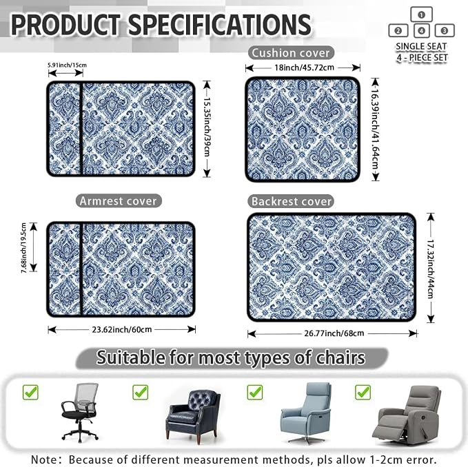 4 PCS Damask Recliner Chair Covers Blue Floral | Quilted Recliner Covers Washable Scratch Proof Retro Furniture Slipcovers Non Slip for Armchair Recliners Decor, Washable