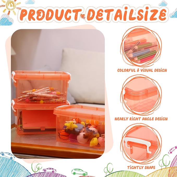 6 Pack Colorful Plastic Storage Bins with Lids 4 Quart Small Storage Latch Box Stackable and Nestable Clear Organizer Bins with Latching Handle and Buckle for Organizing(Orange)