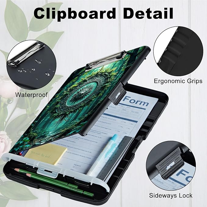 A4 Clipboard with Storage Pen Holder, Clipboards Organizer Nursing Clipboard Foldable File Folder Plastic Clipboard Folio Clip Board for Office Work Classroom Doctor, Forest Wind Chime