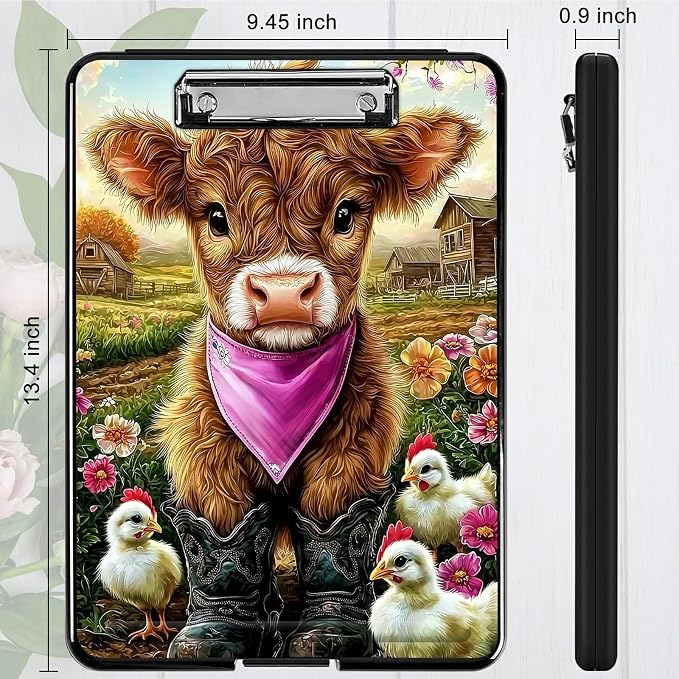 Heavy Duty Storage Clipboard, Slim Nursing Clipboard with Internal Pen Case, Portable File Organizer Case for A4 Letter Size Paper Office Medical Professionals, Rooster Yellow Cow