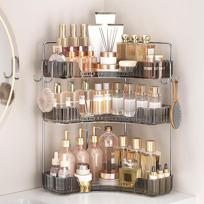 Bathroom Counter Organizer 3-Tier Corner Organizer with Hooks | Gray PET Counter Storage, Multi-Purpose for Bathroom Skincare & Kitchen Organization