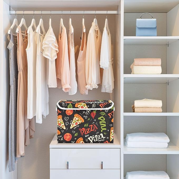 Pizza Fabric Storage Bins with Lid Large Organizer Containers 40L Baskets | Decorative Storage Boxes, Dust-Proof Flip Top, Reinforced Handles, For Home & Bedroom, Clothes & Toy Box, Oxford Fabric Print