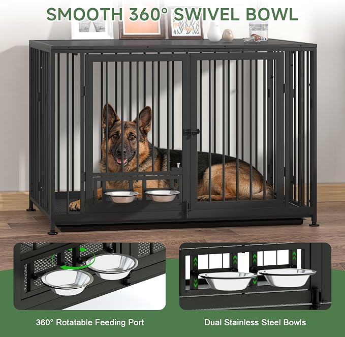 43.3" Heavy Duty Large Dog Crate with Wheels & Feeding Bowls, 3 in 1 Foldable Extra Large Dog Kennel & Playpen, Indestructible Escape-Proof Metal Dog Cage for Large Dogs, Indoor Outdoor, Black