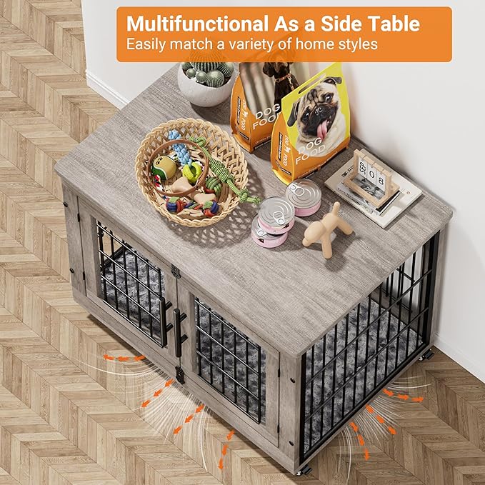 2 Pack Dog Crate Furniture,32'' Heavy Duty Kennel with Cushion & Wheels | Grey, Double Doors, Wooden Dog Cage, Chew-Resistant, End Table, Decorative, 27"/32"/38"/44" Options, Indoor