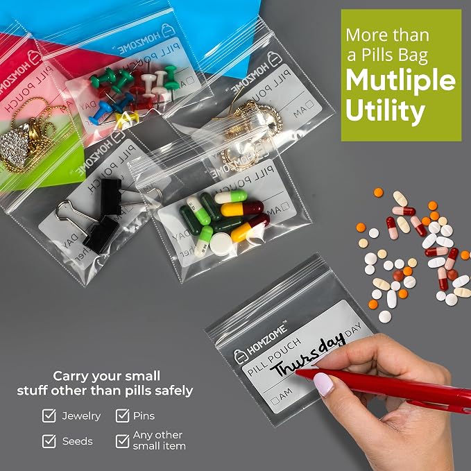Homezome Pill Pouch Bags 6 mil Pack of 500- BPA Free 3x2.75 inches Reusable Pill Pouches for Medicine with Write on Label Clear Small ziplock Bags for Pills, Jewelry and Travel Pill Organizer