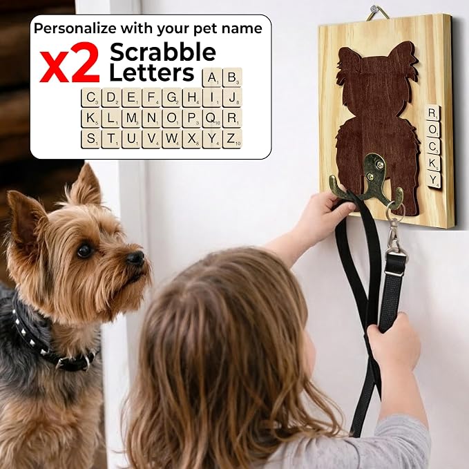 Yorkshire Terrier Dog Leash Holder Wall Mount with Scrabble Letters, Wooden Dog Wall Hook Organizer, Pet Collar & Harness Holder Entryway, Key Hook Leash Rack, Gift for Pet Lovers, Home Decor PF297-73