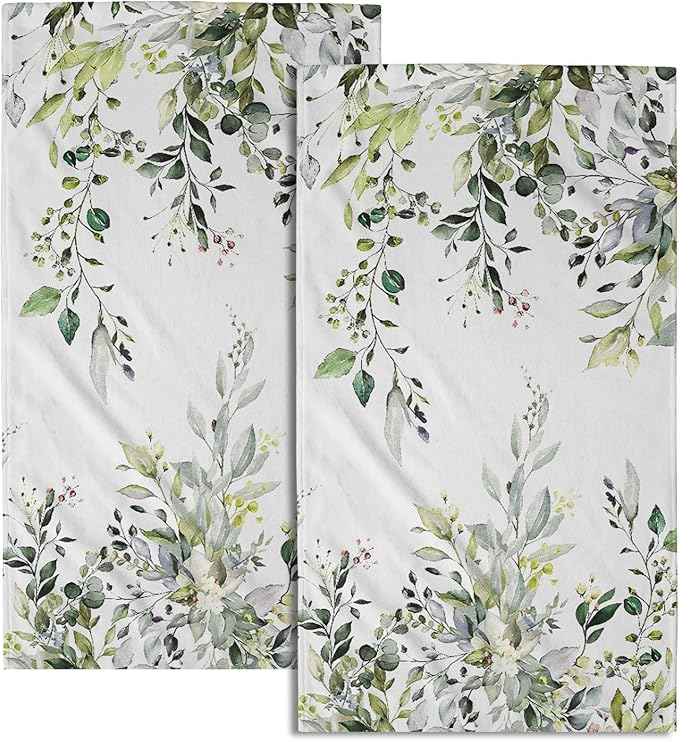 Giwawa Green Eucalyptus Hand Towels Set of 2 Sage Leaves Soft Absorbent Small Bath Towel Kitchen Dish Guest Towel for Bathroom Hotel Gym Spa