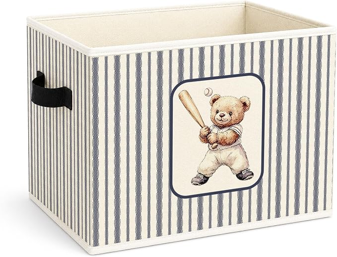 Baseball Teddy Bear Sports Foldable Fabric Storage Bin | Sports teddy bear stripe design; foldable fabric storage bin for kids room, nursery, playroom, toys, books, clothes.