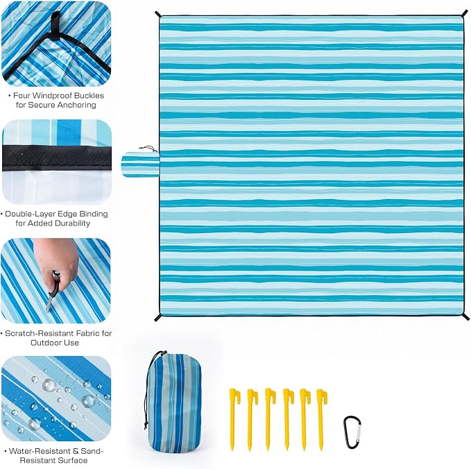 OIGAE Beach Blanket Waterproof Sandproof Oversized Beach Mat | Picnic Mat with Stakes, Storage Bag - Essentials for Outdoor Beach, Picnic,Quick-Dry Lightweight,Windproof Pockets