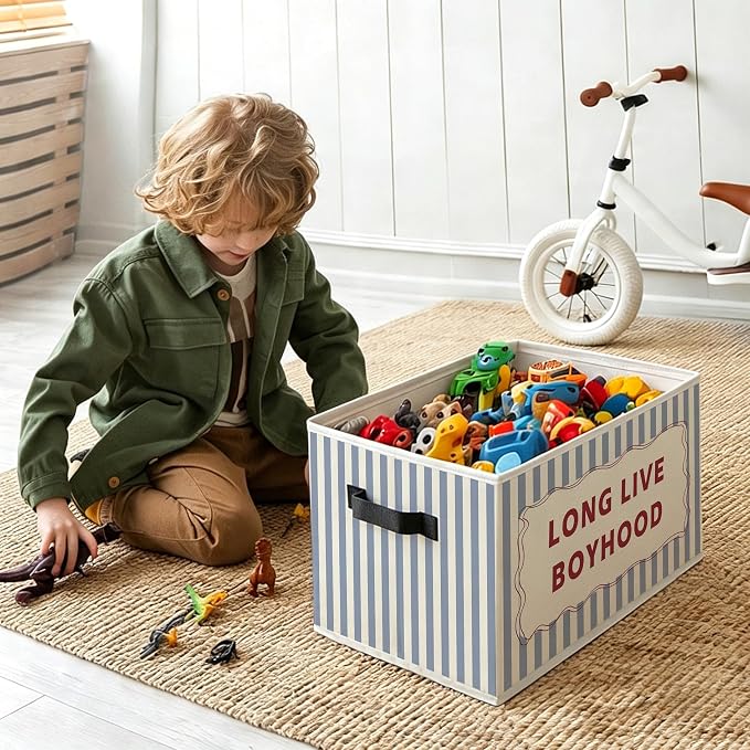 Retro Boy Nursery Foldable Storage Bins Box with Handles, Long Live Boyhood Blue Striped Decorative Storage Boxes Baskets Toybox Organizer for Kids Boy Nursery Room Bedroom Playroom