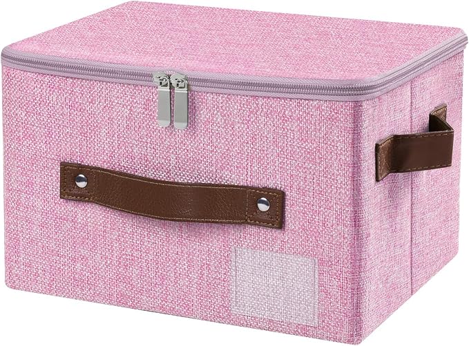 ANMINY Small Storage Box Fabric Bins with Zipper Lid, 10"x8"x7" Pink | Keepsake Box, Decorative, Cotton Linen, Reinforced PP Board Frame, Washable, Stackable & Foldable, Label Holder & PU Handles