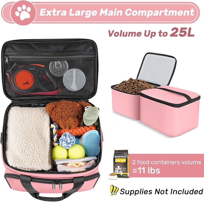 6 Set Dog Travel Bag, Large Pet Travel Kit for Supplies, Pink | Includes 2 Food Containers, 1 Pet Organizer for Dogs, 2 Collapsible Bowls, 1 Treat Pouch, Dog Weekend Overnight Bag Luggage