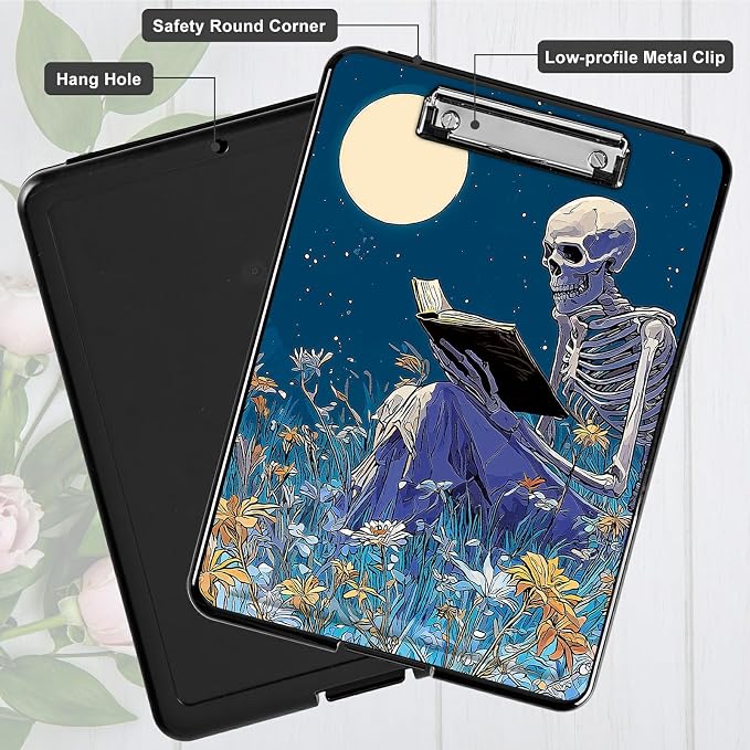Heavy Duty Storage Clipboard, Slim Nursing Clipboard with Internal Pen Case, Portable File Organizer Case for A4 Letter Size Paper Office Medical Professionals, Book Skull Flower