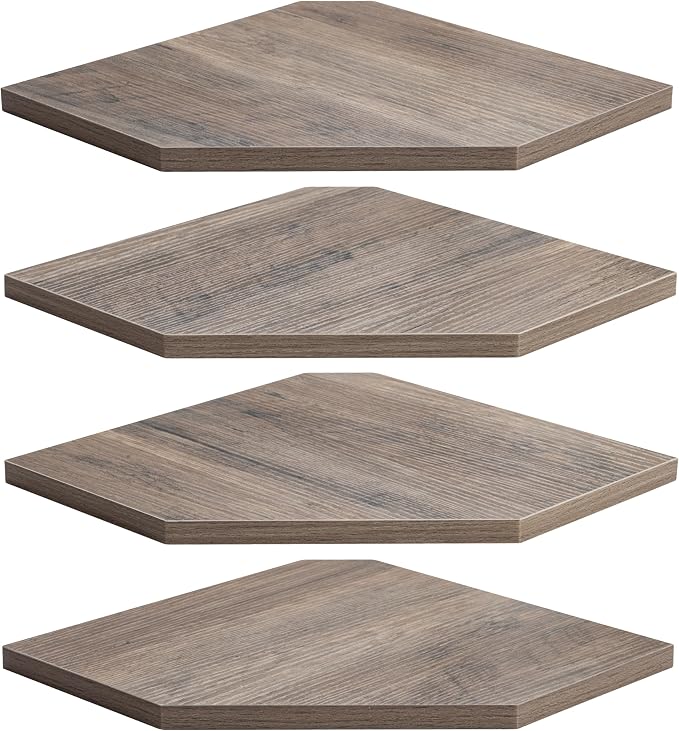 Fun Memories Corner Shelf Wall Mount, Corner Floating Shelves, Set of 4 Corner Wall Shelf Organizer, Rustic Wood Wall Storage Display Shelves for Living Room Bedroom Bathroom Kitchen, Rustic Grey