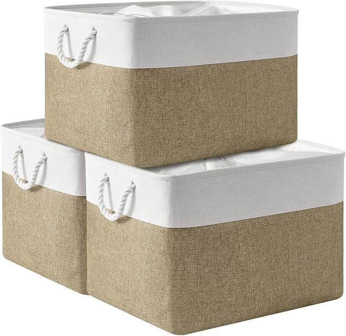 Organization Basket - 20x16x14 inch Jumbo 3 Pack Collapsible Storage Bins for Shelves, Fabric Storage Cubes for Closet Organizer Gift Toy (White & Khaki)
