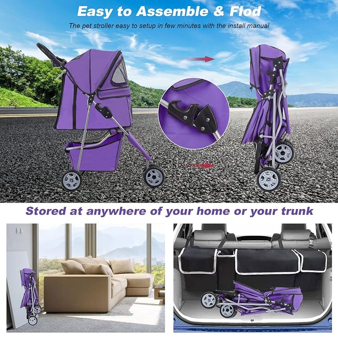 BLKMTY Dog Stroller, Folding Dog Stroller for Medium Dogs Cats, 3 Wheels Pet Cat Strollers Travel Carrier Strolling Cart for Puppy Jogger Strollers with Cup Holder & Storage Basket, Purple