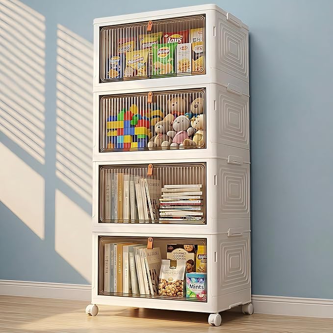 LDQ 136Qt Large Storage Bins with Lids, 4 Tier Stackable Storage Cabinet with Wheels & Clear Doors, Foldable Plastic Closet Organizer for Bedroom, Bathroom & Kitchen