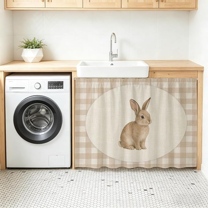 Rabbit Plaid Oven Skirt Curtain for Kitchen Decor 28"x35", Rustic Farmhouse Checkered Retro Animal Self Adhesive Stove Curtains Skirt Cabinet Curtains for Bathroom Laundry Room