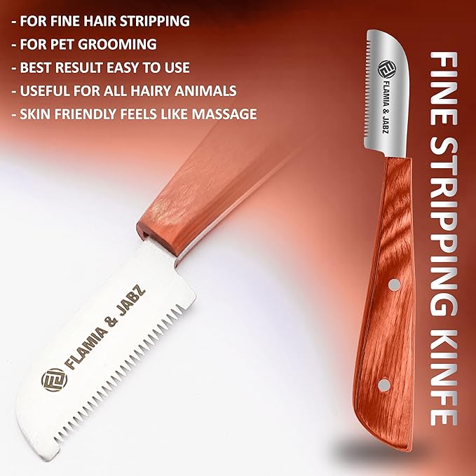 FLAMIA & JABZ FJ Professional Stripping Knife kit (6 pieces set) for Dogs & Pets, Wooden Handle Grip with Stainless Steel Blade (Right handed) (Orange)