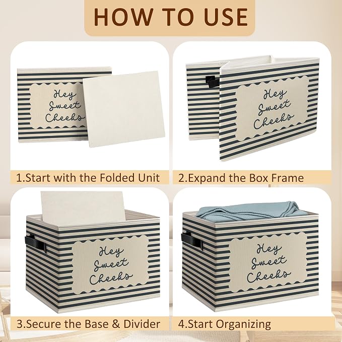 Hey Sweet Cheeks Bathroom Foldable Storage Bins Box with Handles, Boho Blue Striped Decorative Storage Boxes Baskets Organizer for Washroom Guest Bathroom