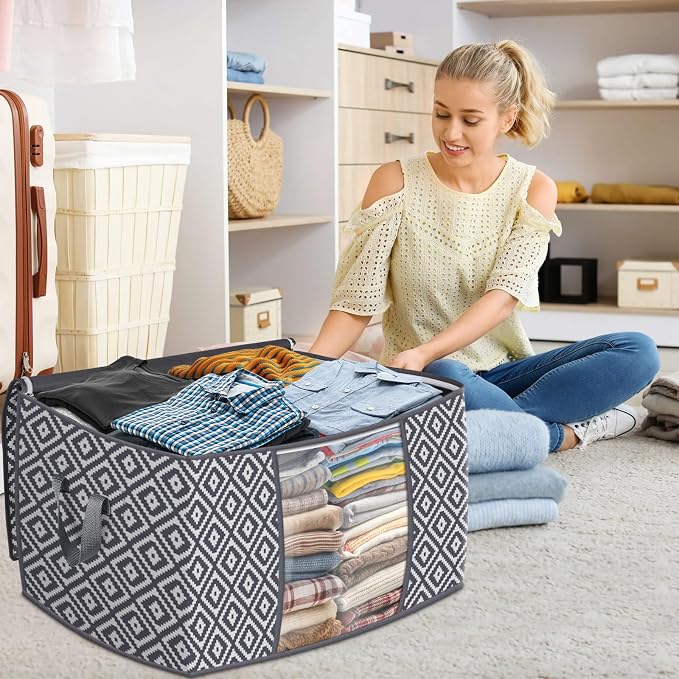 100L 3 Pack Storage Bags, Foldable Clothes Bins with Clear Window, Gray | Blanket Storage Containers with Reinforced Handles for Bedding, Comforters, Clothing, Quilts and Closet Organization