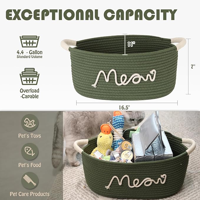 Sea Team Cat Toy Storage Basket with Handles, Green Meow | Large Cotton Rope Storage Bin, Shelf Basket, Organizer for Pet Chew Toys, Foods, 16.5 x 11 x 7 Inches, 4.4 Gallons