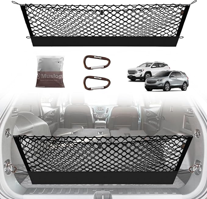 Muslogy Cargo Net for 2018-2024 Chevy Equinox & GMC Terrain Accessories | Custom Fit, Trunk Storage Organizer Net for SUV Sedan Van Divider, with Heavy Duty Carabiners, Night Visible Grab Handle