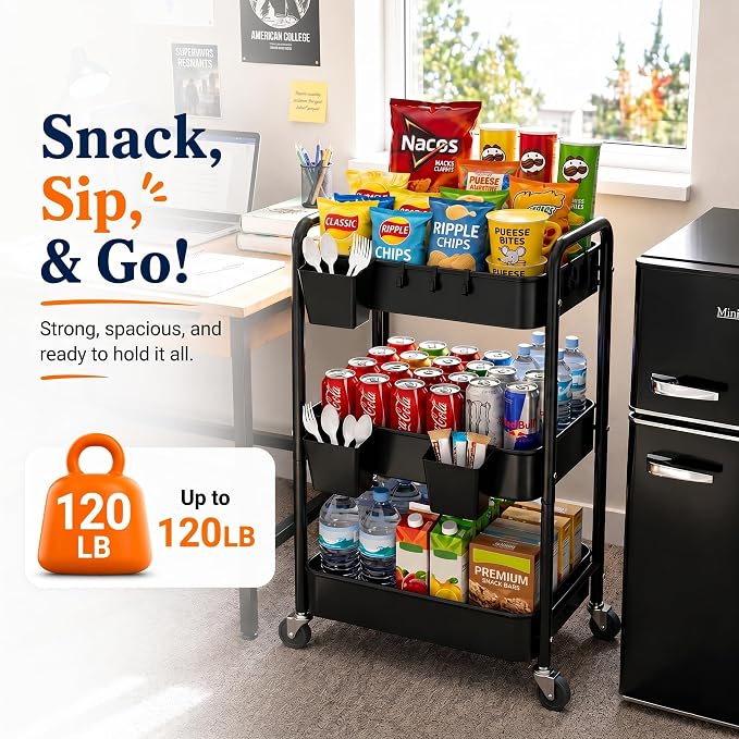 3 Tier Rolling Cart Metal with Wheels, Black Three Tiered Art Cart Organizer on Wheels, Storage Utility Trolley Carts for Kithcen, Craft, Nail, Lash, Makeup, Salon,Bedside, Bathroom, Office, Snack