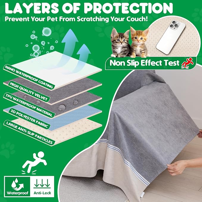 Loiion Cat Scratch Proof Furniture Protector Waterproof Sofa Cover 134"x91" | Pet-Friendly Couch Protector, Anti-Scratch & Anti-Slip Sofa Cover For Cats Dogs Kids, Machine Washable