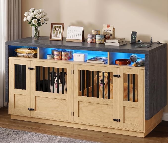 Furniture Dog Crate, 71" Double Dog Crate Furniture Natural & Grey | with Divider & Power Outlet, Heavy Duty Dog Kennel Furniture for Medium Dogs, Wooden Large Dog Crate with Storage