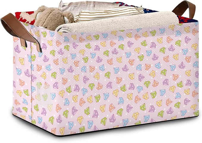 Geometric Diamond Storage Basket Large 17x11.5x10.5 Inches- Collapsible Fabric Organizer Bin with Handles for Modern Home, Bedroom, Luxe Decor-Decorative Hamper with Faceted Pattern Design-Single Pack