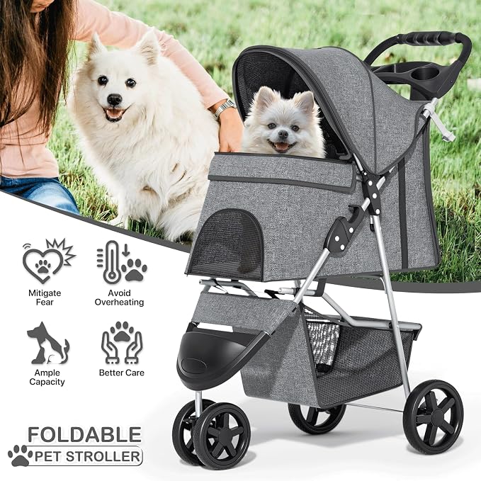 MoNiBloom Pet Stroller for Small/Medium Dogs and Cats up to 33 lbs, Gray | Foldable Dog Stroller 3 Wheels Pet Strolling Cart w/ Storage Basket Cup Holder, Breathable and Visible Mesh for All-Season