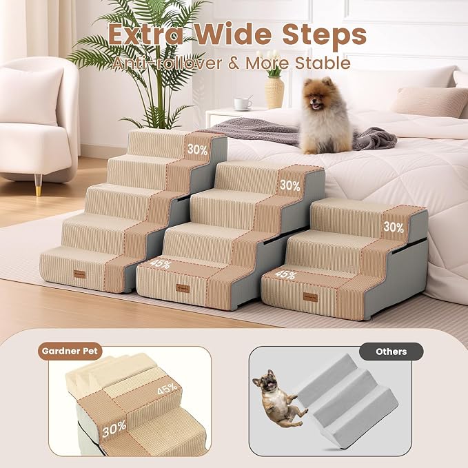 Gardner Pet Dog Stairs for Small Dogs 14" H, 3-Step Extra Wide Dog Steps for Bed, Pet Stairs for Bed and Couch with Durable Non-Slip Waterproof Fabric Cover and Soft Foam, Beige