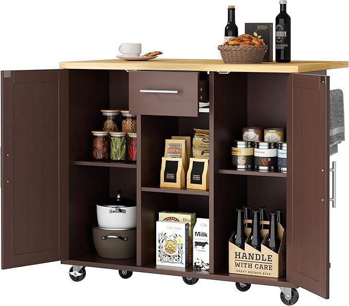 JY QAQA 42" Kitchen Island with Storage on Wheels, Rolling Table with Drop Leaf, Drawers, Cart Handle for Towel Rack or Free Movement, Brown