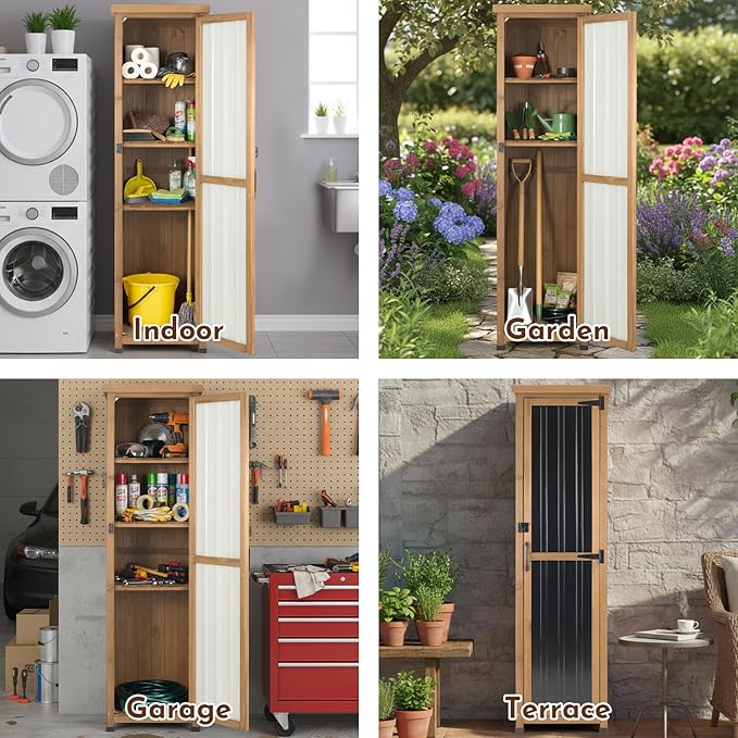 Ketive 62" Tall Outdoor Storage Cabinet, Narrow Garden Storage Cabinet with Adjustable Shelves, Slim Wood & Metal Tool Organizer for Patio, Garden, Porch, Garage or Indoor Storage
