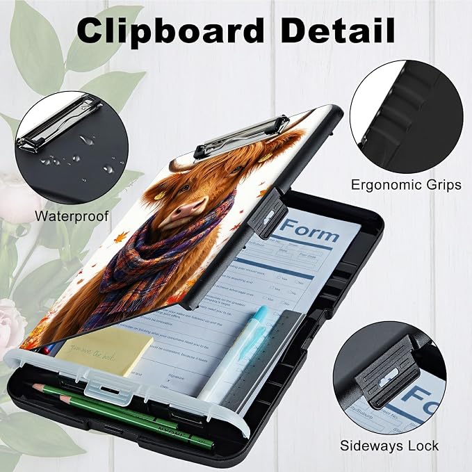 A4 Clipboard with Storage Pen Holder, Clipboards Organizer Nursing Clipboard Foldable File Folder Plastic Clipboard Folio Clip Board for Office Work Classroom Doctor, Scarf Yellow Bull