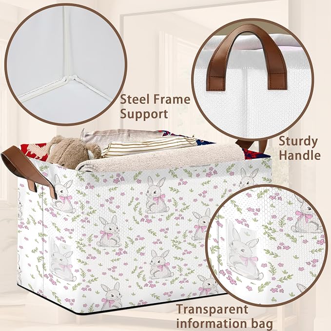 Spring Bunny & Floral Storage Basket Large 17x11.5x10.5 Inche-Collapsible Fabric Organizer Bin with Handles for Easter Decor, Garden Theme -Decorative Hamper with Rabbit and Flower Design-Single Pack