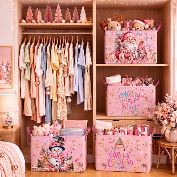 4 Pack Pink Christmas Storage Basket Collapsible Large Merry Christmas Santa Claus Storage Bins for Gifts Canvas Laundry Basket Foldable Box with Handle for Office Home Bedroom Clothes Toys