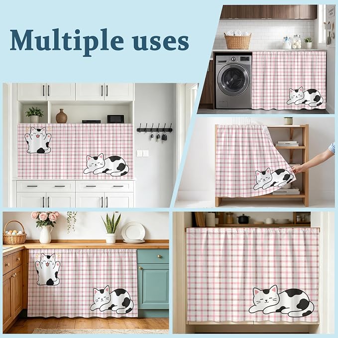 Cute Cat Sink Skirt for Bathroom, Self-Adhesive Under Sink Curtain, Pink Brown Checked Modern Pet Cats Rustic Hide Pipes & Storage Fabric Cabinet Skirt Cover for Kitchen Laundry 32"x55"