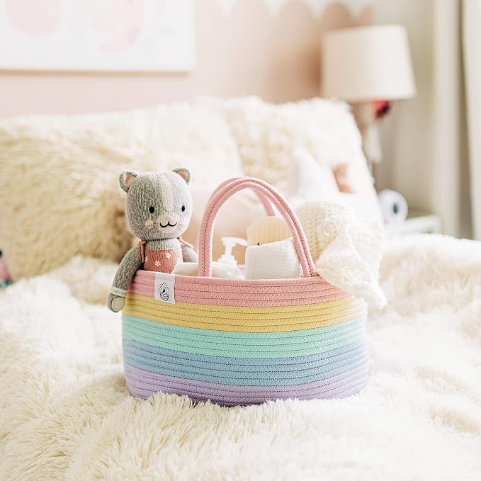 OrganiHaus Pastel Rainbow Rope Diaper Caddy Organizer, Nursery Basket | Woven handles; a toy bin, laundry bin, or newborn essentials storage; great for car, baby shower gifts, or bedroom decor