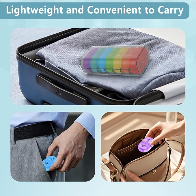 Serfeymi Weekly Pill Organizer 2 Times a Day AM PM Travel Pill Box 7 Day | Medicine Pill Organizer with Protection Pill Case Daily Medication Box for Vitamins,Supplement- Black Case + Rainbow Pill Box
