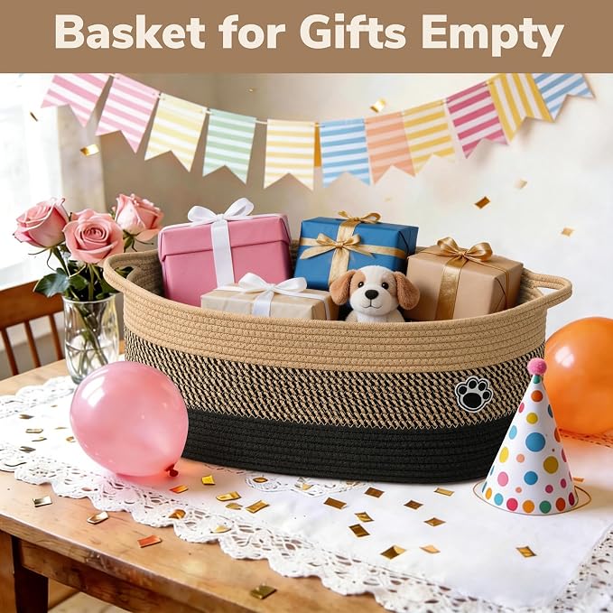 30L Large Woven Rope Dog Toy Basket with Paw Print, Black Brown | 19.7" x 11" x 7.9" Dog Toy Bin & Box with Handles, Storage Basket for Blankets Towels, Fits Living Room Nursery Bedroom